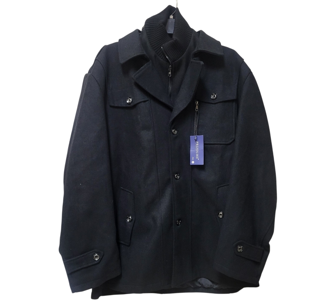 PRIJOUHE Men's Wool Blend Pea Coat Single Breasted Slim Fit with Removable Scarf - Picture 10 of 12